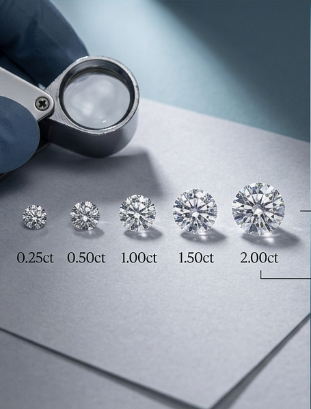 Five round diamonds progressing from 0.25 to 2.00 carats beside a jeweller’s loupe