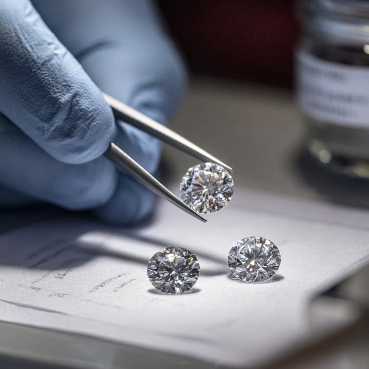 Three brilliant-cut diamonds being inspected with jeweller’s tweezers