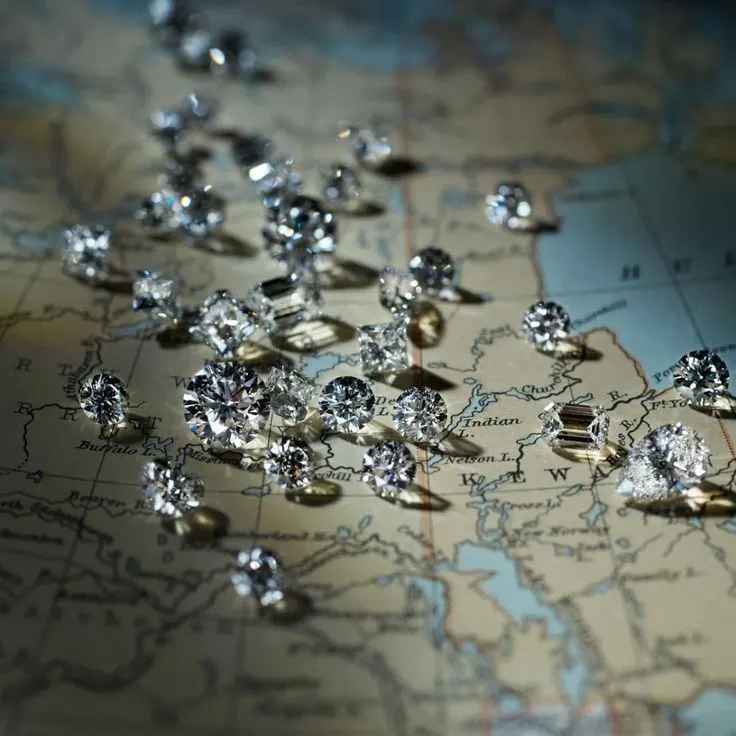 Loose diamonds arranged across a map, representing international diamond trade